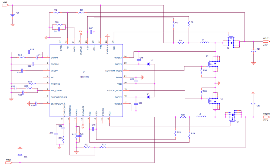 Schéma de principe - Renesas Electronics Carte d’évaluation Boost synchrone à double sortie ISL81805EVAL2Z